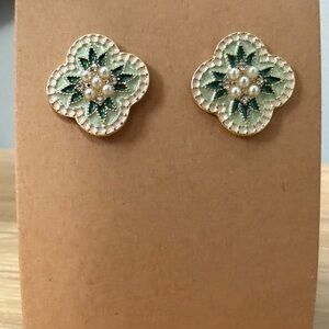 Chic Pearl and Green Floral Earrings